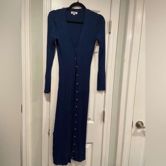 525 Size XS Blue Button Down Wide Rib Knit Duster Cardigan Dress Soft Stretch - Picture 1 of 10